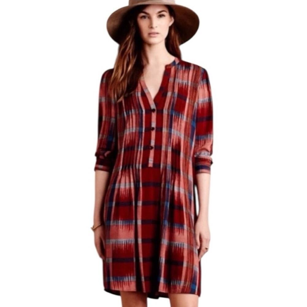Anthropologie 11.1.Tylho Sao Paulo RED Plaid Pintuck Tunic Shirt Dress